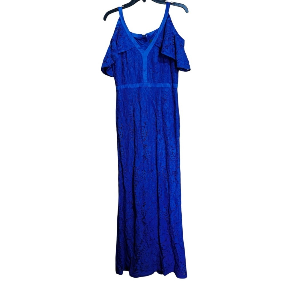 Adrianna Papell Evening Maxi Dress Women 8 Blue Lace Overlay Cold Shoulder